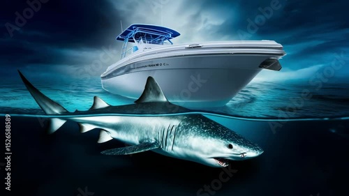 A luxury speedboat glides on turquoise sea with a large shark visible beneath the surface. Concept of adventure and risk.
