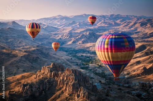 Colorful hot air balloons floating over scenic valleys at golden hour