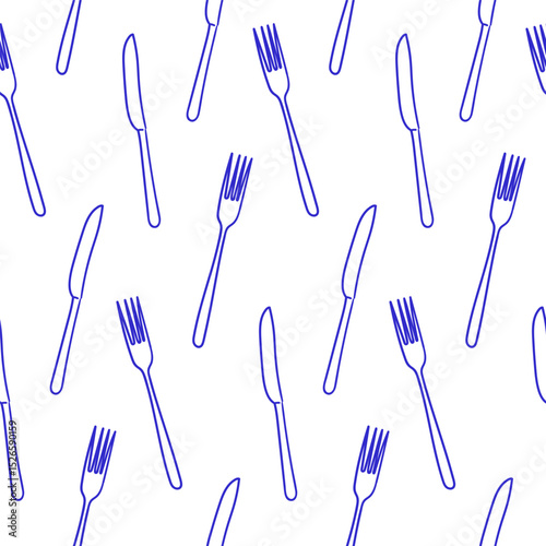 Pattern featuring blue cutlery including forks and knives on a plain white background for kitchen decor