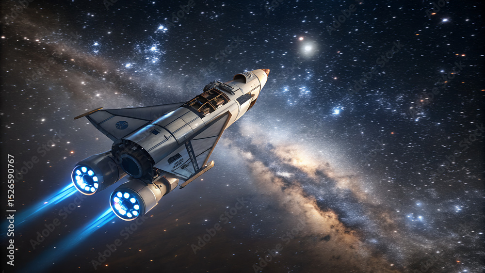Obraz premium Une fusée futuriste s'envolant à travers une galaxie remplie d'étoiles.