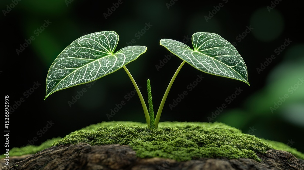Naklejka premium Two young, heart-shaped leaves sprout from a mossy mound