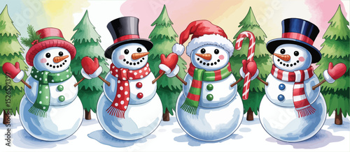 Four Adorable Snowmen in Winter Wonderland Scene