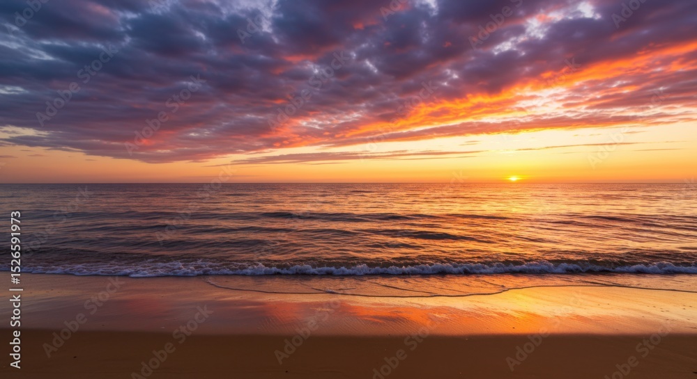 Fototapeta premium Dramatic Coastal Sunset Scene with Colorful Clouds and Reflections