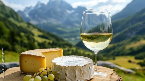 Delicious Savoy Cheese Pairing with White Wine Against Majestic Alpine Mountains