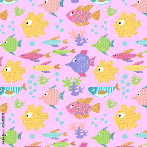 Vibrant marine-themed vector pattern with cartoon fish and coral elements. Suitable for children’s textiles, beach-themed prints, and digital us
