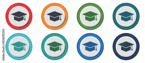 Eight Colorful Graduation Cap Icons on Circles