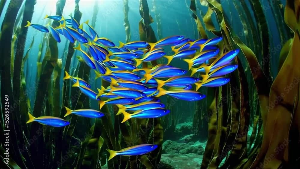 School of bright blue fish gracefully swimming in crystal-clear ocean water, a serene depiction of aquatic life.