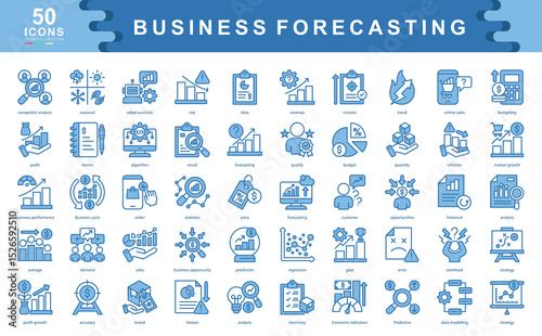 50 business forecasting blue icons illustrating trends, data modeling, predictions, and growth metrics. Ideal for planning, analytics, revenue strategy, and market performance insights.