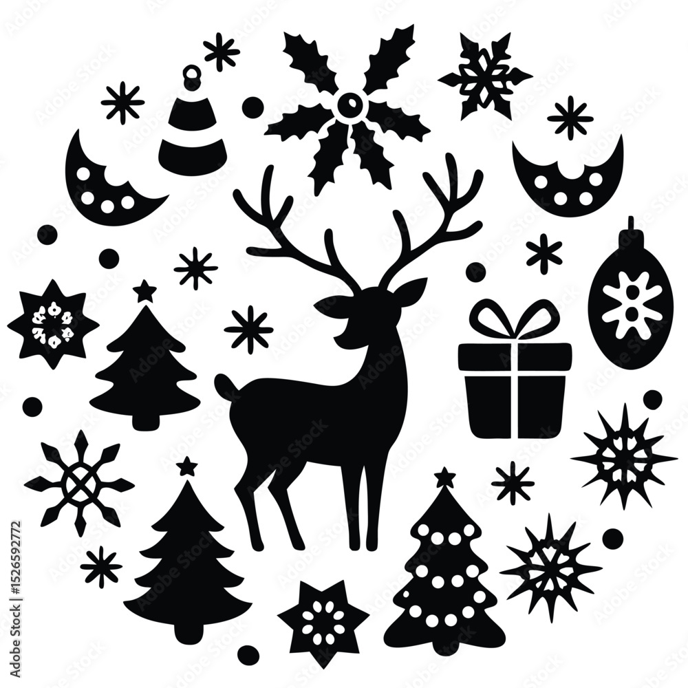 Fototapeta premium A black and white illustration of a reindeer surrounded by various christmas symbols, isolated on white background