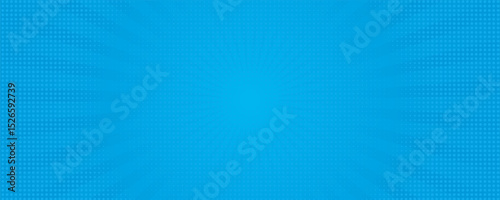 Comic background. Pop art texture. Starburst cartoon style. Anime design with explosion effect for print. Fun dot pattern. Blue backdrop with halftone gradient. eps 10