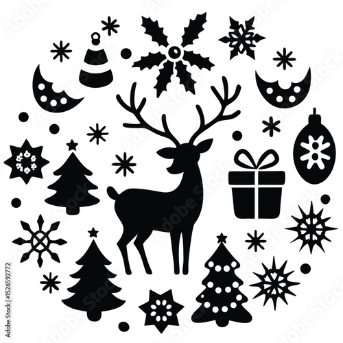 A black and white illustration of a reindeer surrounded by various christmas symbols, isolated on white background