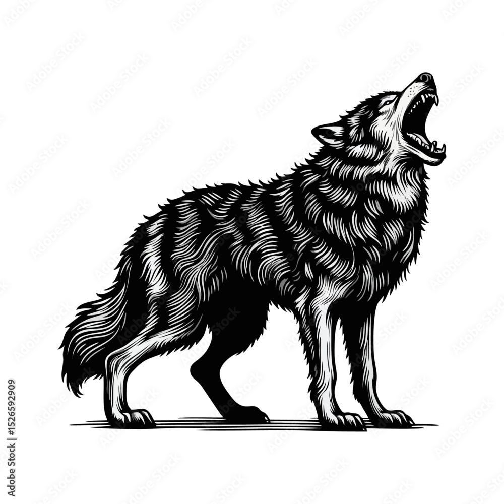 Fototapeta premium Wolf Howling engrave vector illustration black white