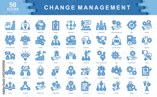 The Change Management blue icon set captures core aspects of transition, leadership, and strategic execution ideal for managing organizational shifts, performance alignment, and employee engagement.