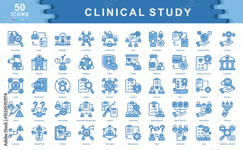 The Clinical Study blue icon set highlights essential elements of scientific trials and medical research.ideal for illustrating protocols, data validation, risk evaluation, and regulatory compliance.