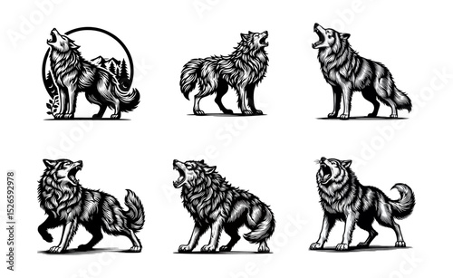Wolf Howling engrave vector illustration black white