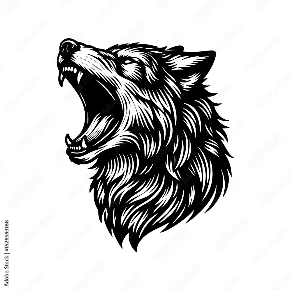 Fototapeta premium Wolf Howling engrave vector illustration black white