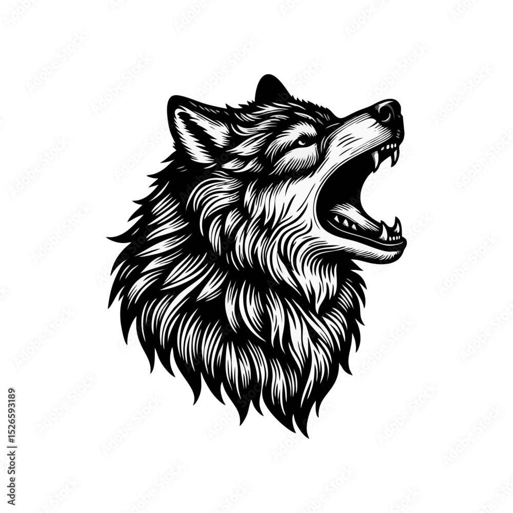 Fototapeta premium Wolf Howling engrave vector illustration black white