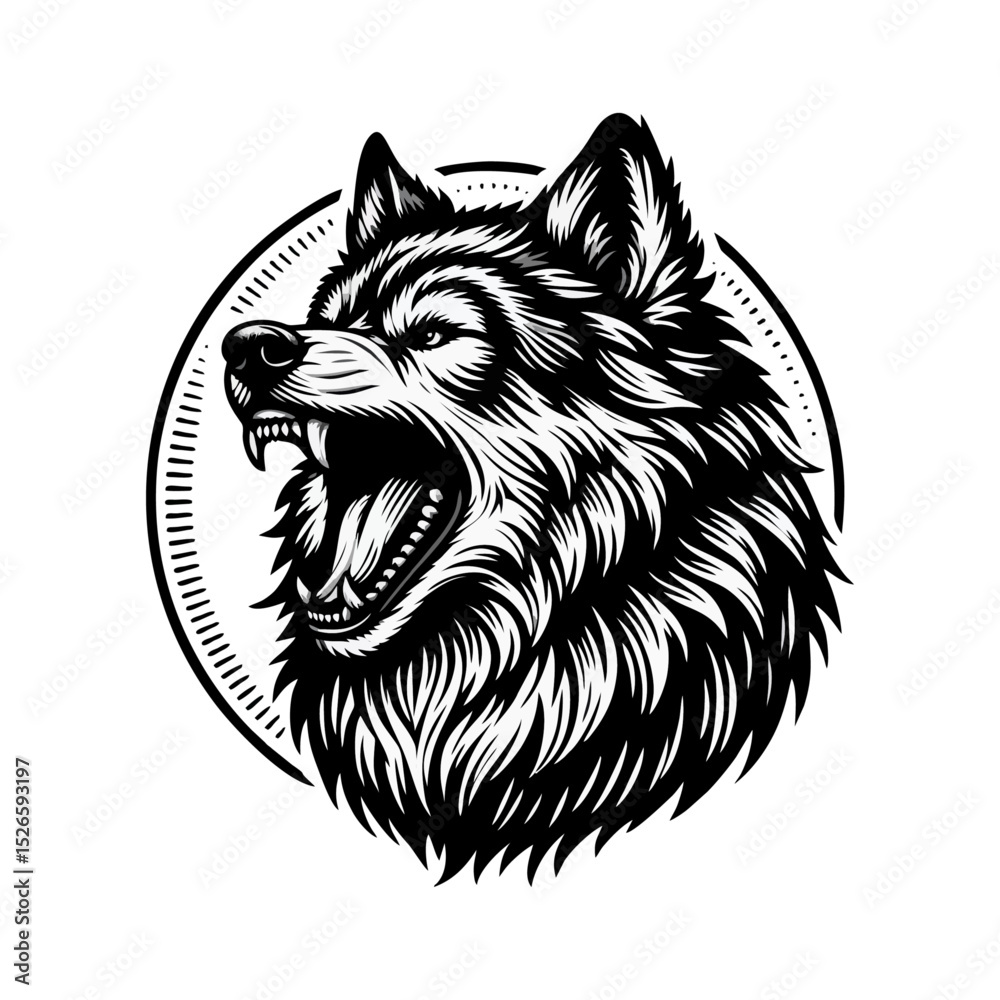 Fototapeta premium Wolf Howling engrave vector illustration black white