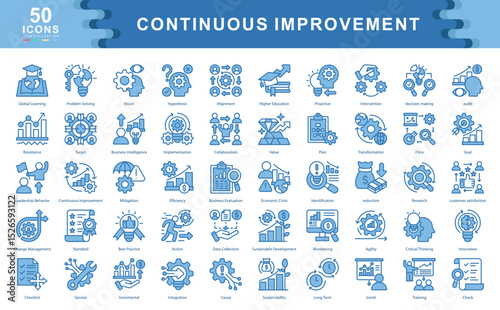 The Continuous Improvement blue icon set illustrates key elements of innovation, transformation, and process optimization ideal for strategy design, quality management, and sustainable growth.