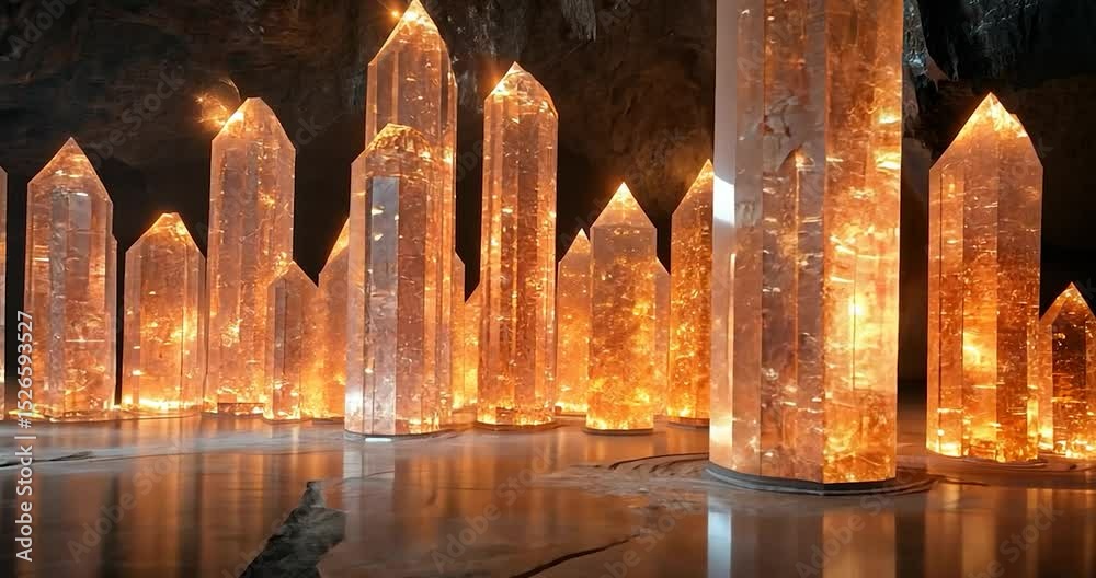 Glowing crystals illuminated in a dark cave, creating a magical and ethereal atmosphere. The image showcases a crystalline structure with warm, golden light and a reflective surface. The focus is on