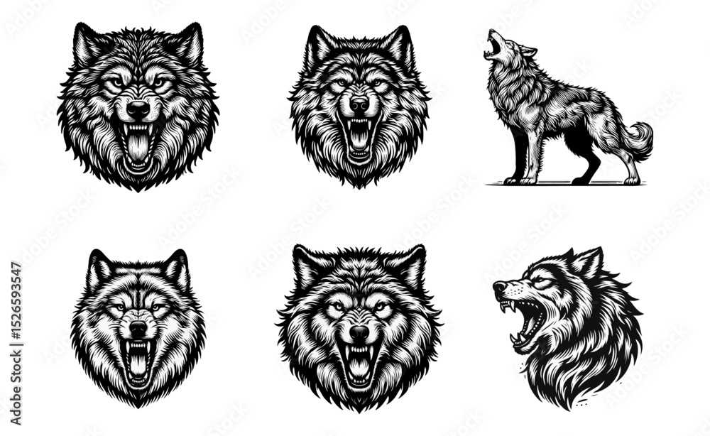 Obraz premium Wolf Howling engrave vector illustration black white