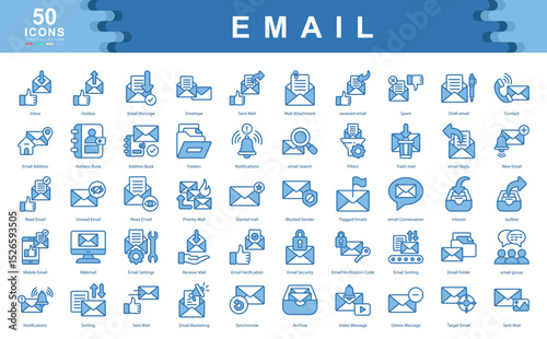 The Email icon set highlights key communication tools such as inbox management, filtering, and security ideal for messaging platforms, digital marketing, and workflow optimization.