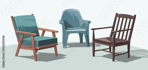 Three Different Chairs Wooden Plastic and Upholstered