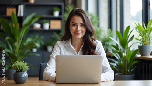 Confident businesswoman smiles while working on her laptop in a modern, plant-filled office. She exudes professionalism and success.