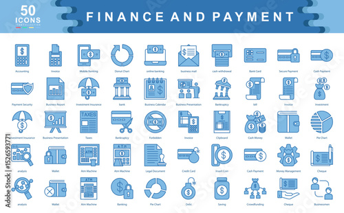 The Finance and Payment icon set defines key drivers of financial management such as security, accounting, and investment, ideal for budgeting, fintech solutions, and payment systems.