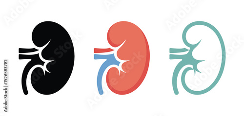 Human Kidney Icons Set Black, Red, and Teal Variations