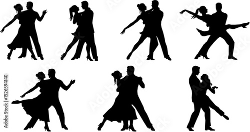 set of Beautiful couple dancing silhouette vector
