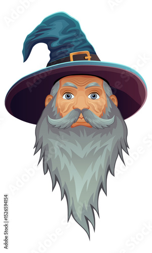 ancient fantasy magic sorcerer wizard witcher elderly man with beard in hat and cape cartoon vector illustration isolated on white background