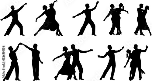 set of Beautiful couple dancing silhouette vector
