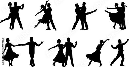 set of Beautiful couple dancing silhouette vector
