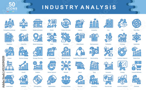 The blue Industry Analysis icon set highlights tools and concepts used for strategic planning, market research, and competitive insights ideal for business strategy, forecasting, and reporting visuals
