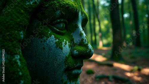 Moss covered statue close-up in tranquil green forest,  nature's reclamation & serene beauty, antique old sculpture