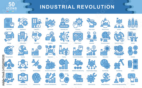 This blue Industrial Revolution icon set explores themes such as mechanization, innovation, and societal shifts, ideal for depicting economic evolution, production processes, and historical transforma