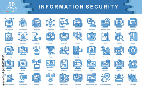 Information Security icon set blue highlights core cybersecurity measures including encryption, firewalls, and threat detection ideal for digital safety, data protection, and IT risk management.