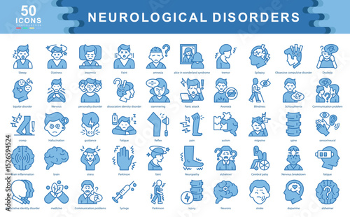 Neurological Disorders blue icon collection set. Containing Sleepy,Stroke,Parkinson,Insomnia, Alzheimer, Nervous, stress,Fatigue,Brain,Medicine,Hallucination icon.Simple line vector