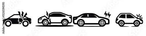 Car Accident Icons: Collision, Crash, Damage, Impact, Symbols, Vector Graphics, Illustration, Clipart, PNG, Black and White