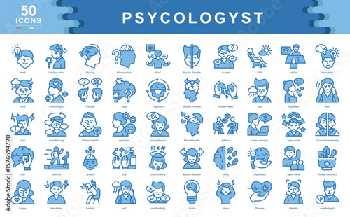 Psychologist blue Icon collection set Containing mind,Bipolar,disorder,Health,Medical,Therapy,Anxiety,ocd,happy,schizophrenia,Metrics Icon Simple Illustration