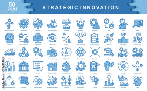 The Strategic Innovation blue icon set captures core themes like adaptability, transformation, and leadership. Ideal for visualizing business evolution, planning, and long term value creation.