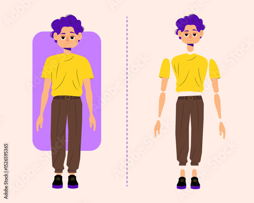 Set of cartoon characters guy with different poses and editable parts for animation or game design