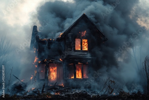 Emergency Scene: Smoke Billowing from a Blackened House Amidst Fire and Destruction