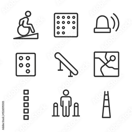 Accessibility Icon Set. Outline icon set of accessibility features: wheelchair ramp, tactile paving, audio beacon, braille sign,