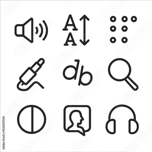 Accessibility Icon Set. Outline icon set of accessibility features: text-to-speech icon, adjustable font size, braille dots, audio