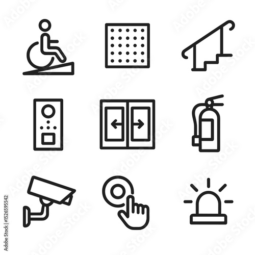 Accessibility Icon Set. Outline icon set of accessibility and safety features: wheelchair ramp, tactile paving, handrail,