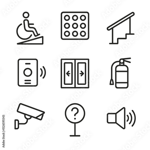Accessibility Icon Set. Outline icon set of accessibility and safety features: wheelchair ramp, tactile paving, handrail,