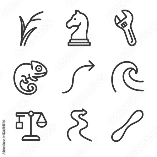 Adaptability Icon Set. Outline icon set of adaptability and flexibility: bending reed, chess knight, adjustable wrench, chameleon,