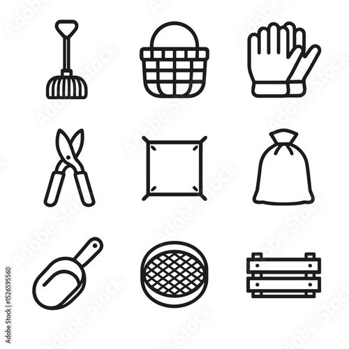 Acorn Harvest Tools Icons. Outline icon set of acorn harvesting tools: nut rake, basket, gloves, pruning shears, tarp, storage bag